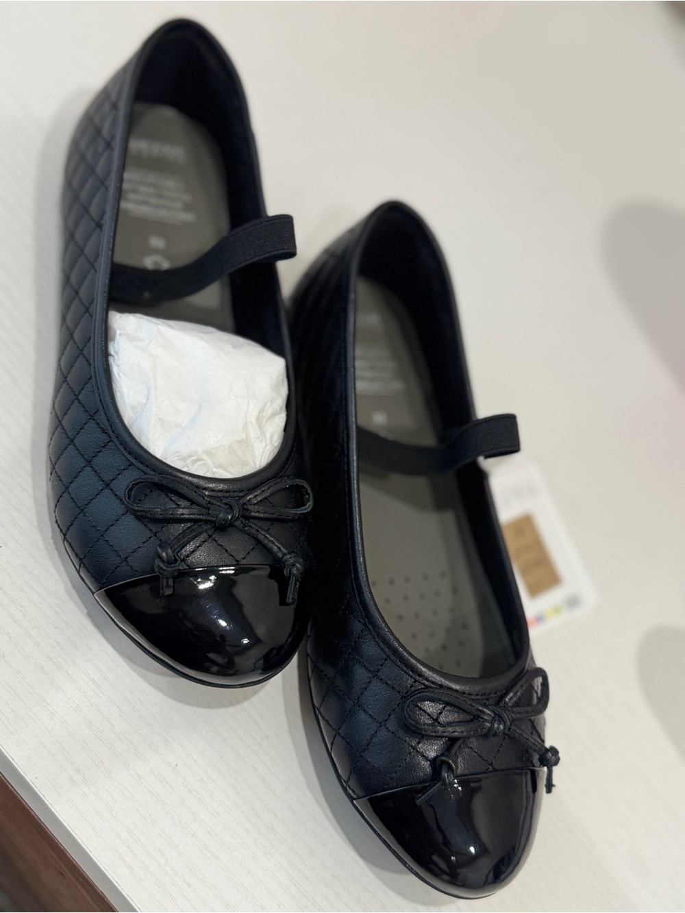 Geox Black Quilted Mary Jane Ballet Flats with Patent Toe
